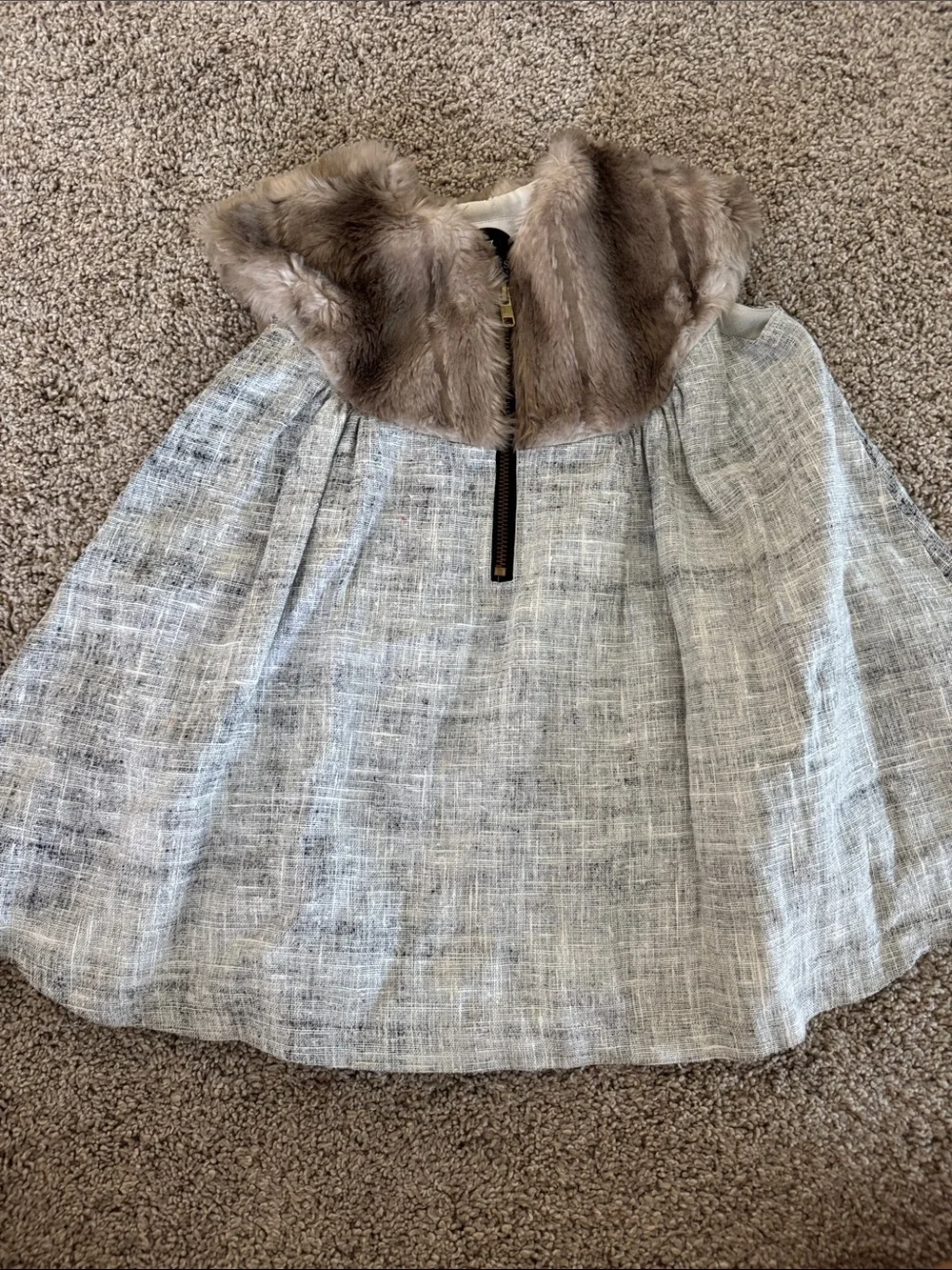 Girls Gray Tweed Dress with Faux Fur Collar